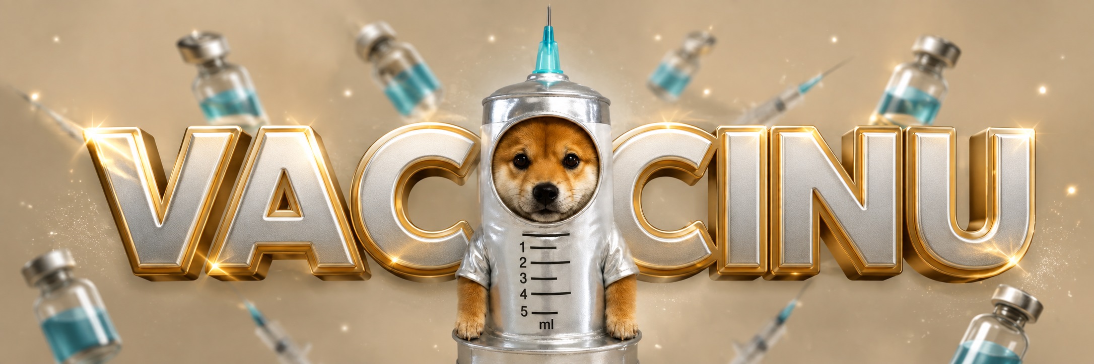 VACCINU chrome-and-gold banner with Vaccine Inu as the I